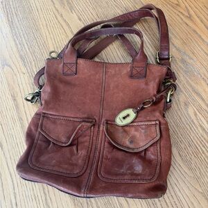 Fossil Brown Leather Crossbody Tote with Zip Top